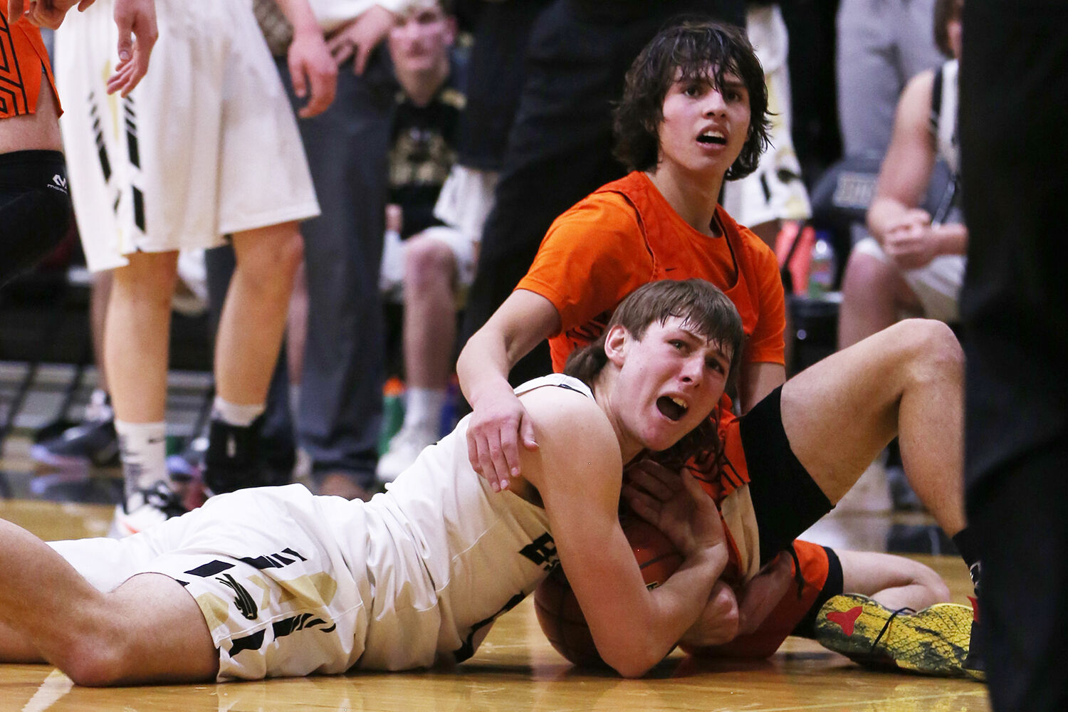 Hunter Stone yells for a timeout to keep possession